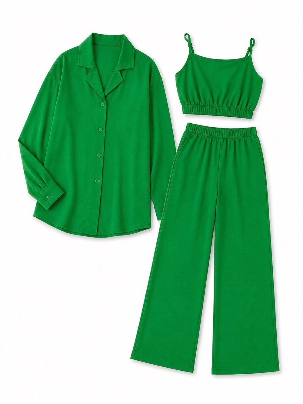 Three-Piece Set- Button Overcoat, Top & Pants
